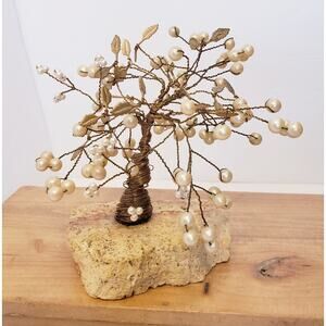 Vintage Wire Wrapped Bonsai Tree w/ Faux Pearls & Gold Tone Leaves on Rock Base